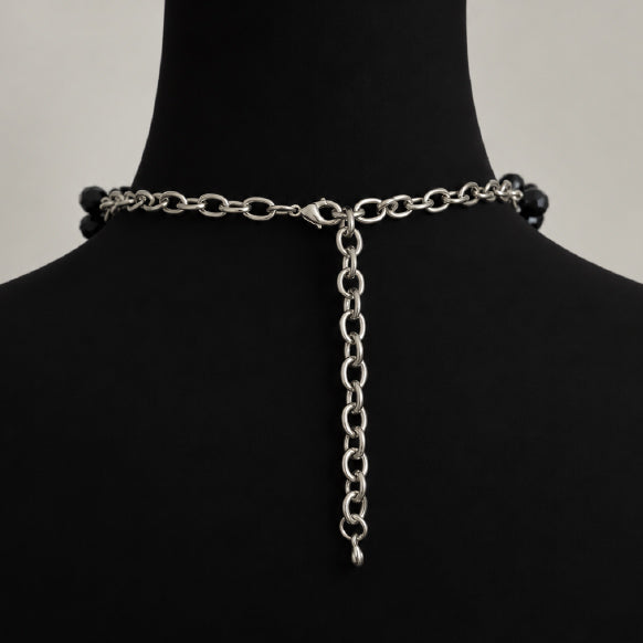 Silver ball and black bead necklace