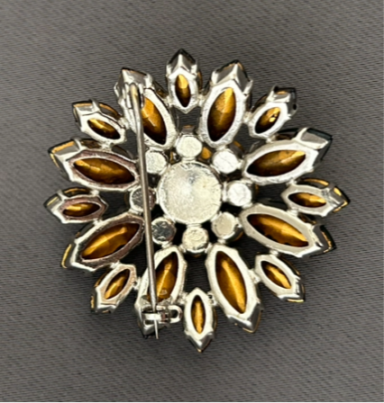 Rhinestone brooch green and amber