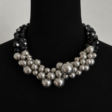 Silver ball and black bead necklace