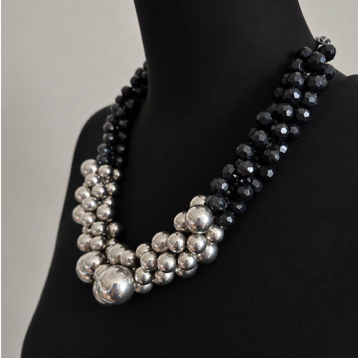 Silver ball and black bead necklace