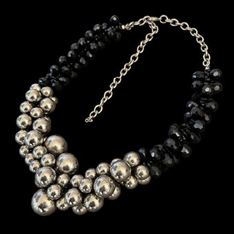 Silver ball and black bead necklace
